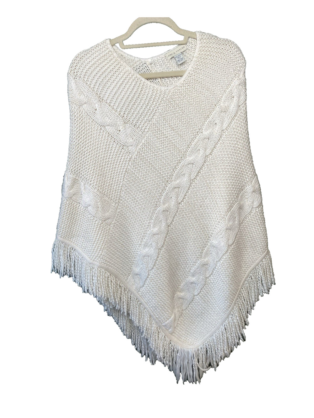 Lord & Taylor Vintage Poncho Cable Knit Pullover Cozy Winter White Cape Fringe